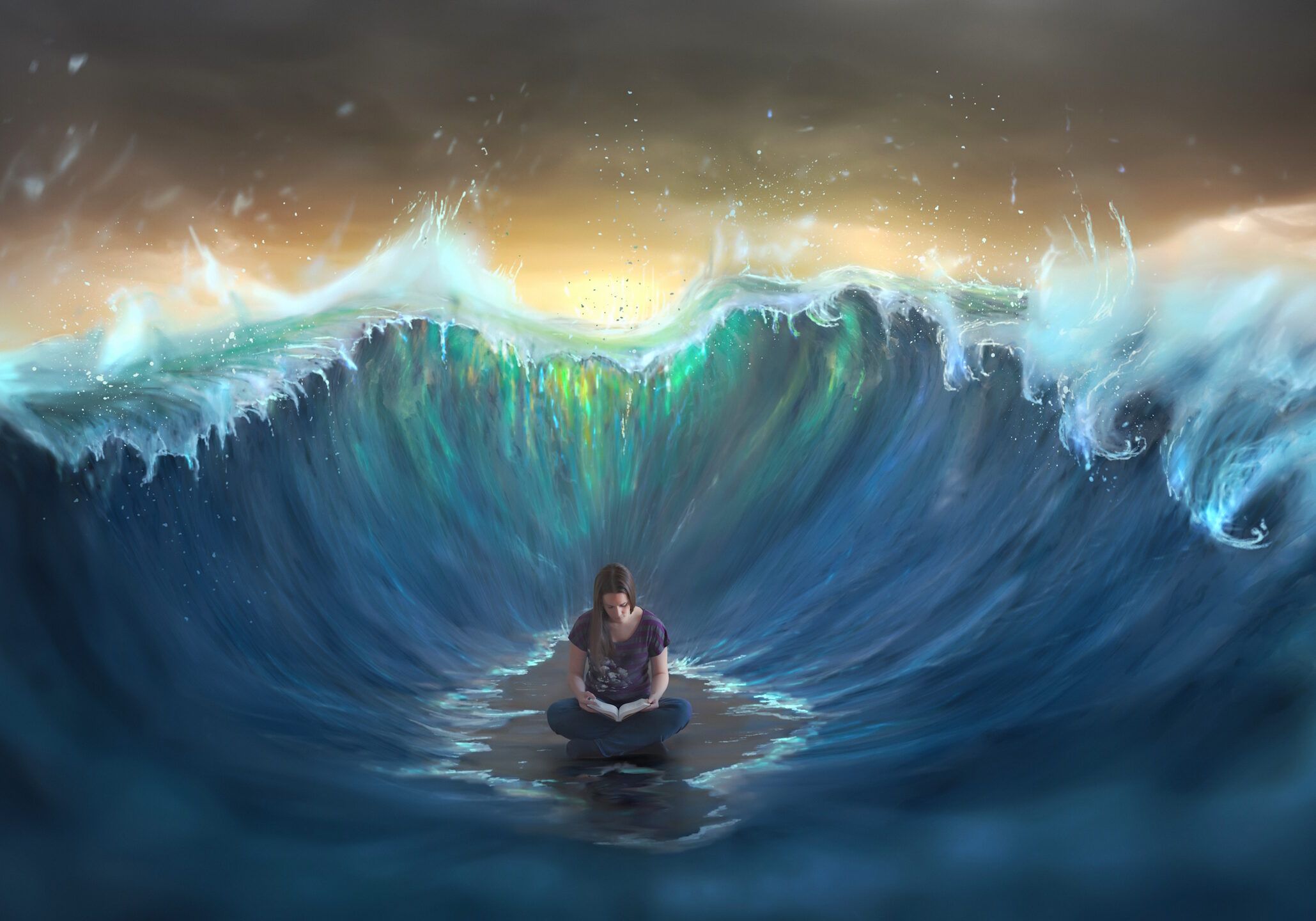 A woman is surrounded by ocean waves as she quietly reads. Digital 3D illustration